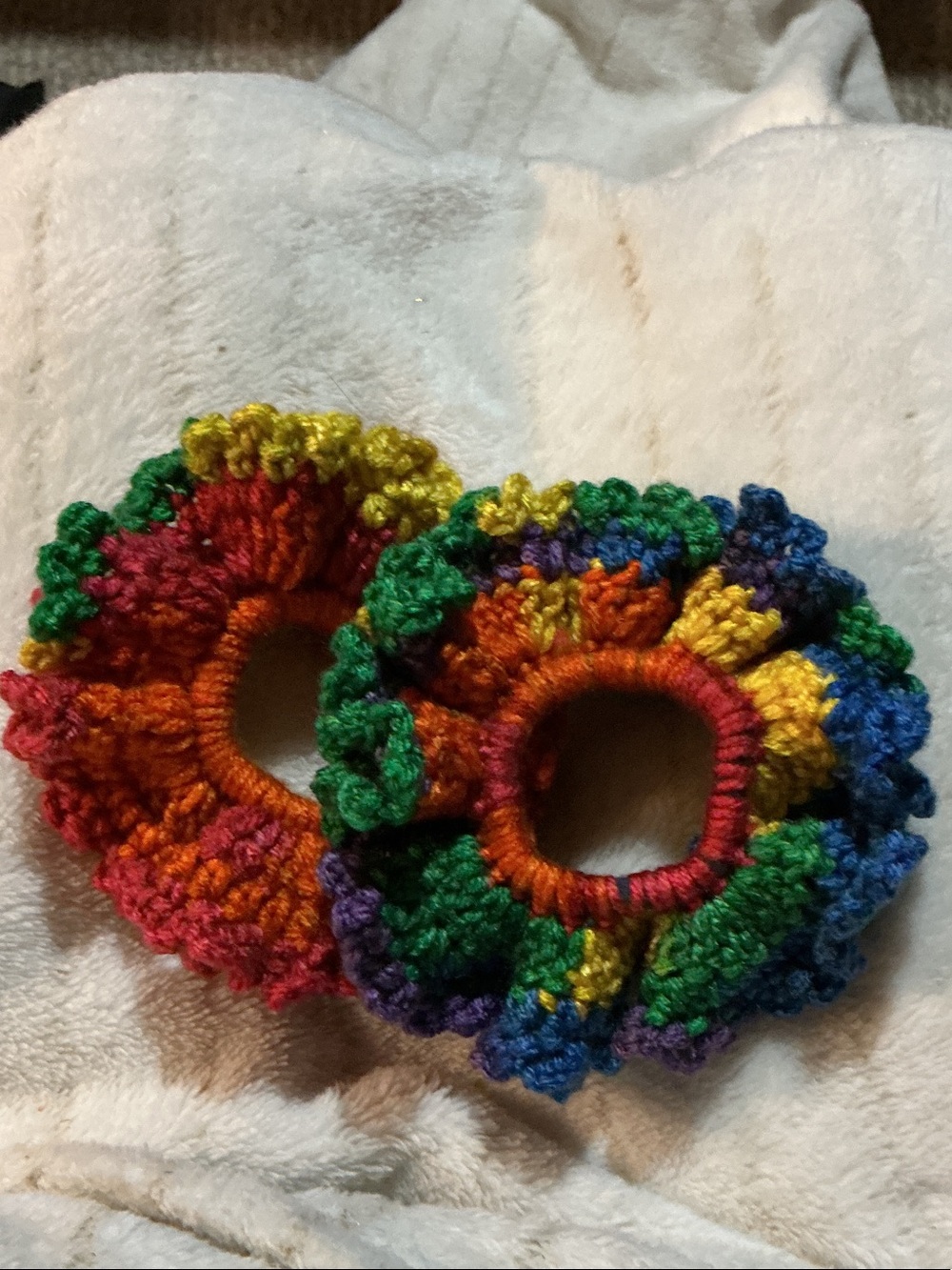 Hand Crafted Multicolor Crochet Ruffled Hair Scrunchies - Rainbow Mix